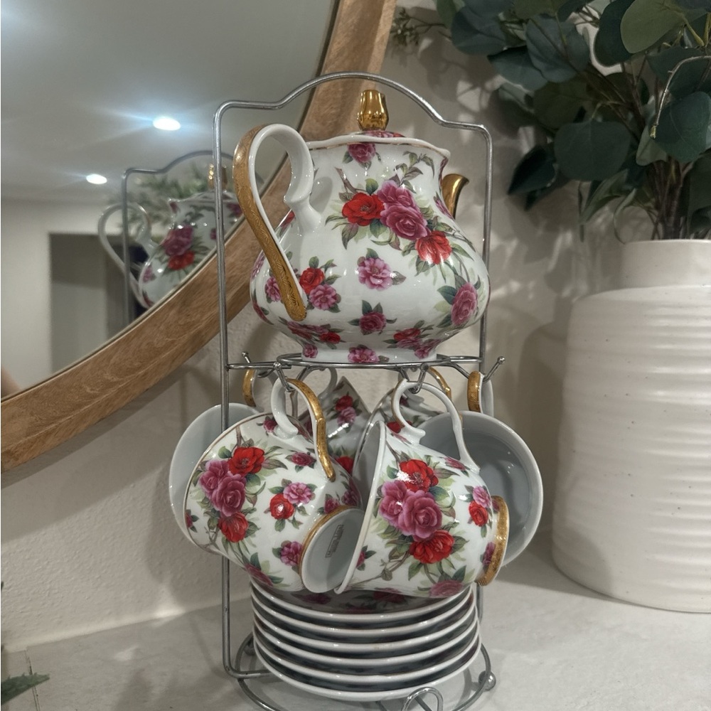 Vintage Floral Tea Set with Gold Accents